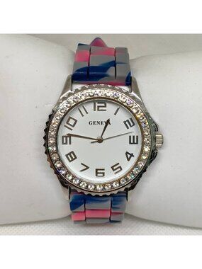 Geneva women’s watch quartz silver tone 39mm rhinestones colorful band running